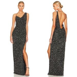 NWOT retrofete Celine Dress in Gunmetal Black Sequin Beaded Maxi Gown S